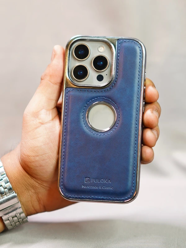 Dark Blue Leather logo Cutout Case - iphone 13 pro cases