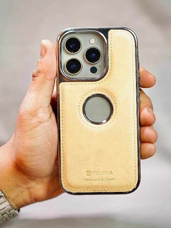 Desert Gold Leather logo Cutout Case - iphone 16 pro max cases