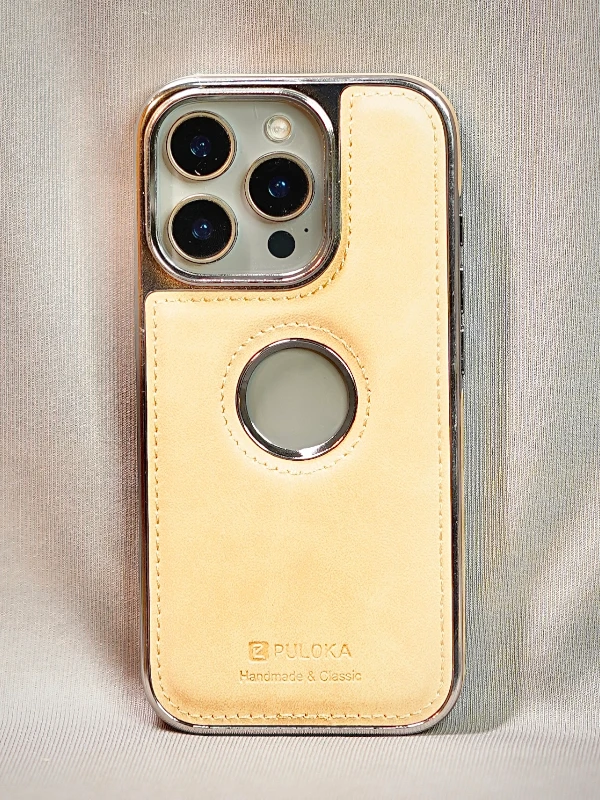 Desert Gold Leather logo Cutout Case - iphone 16 pro max cases