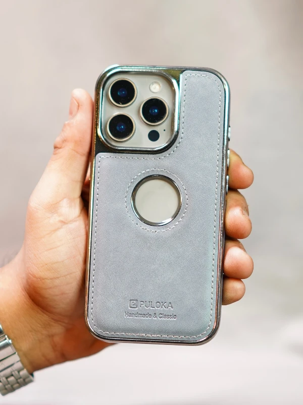 Blue Leather logo Cutout Case - iphone 15 pro cases