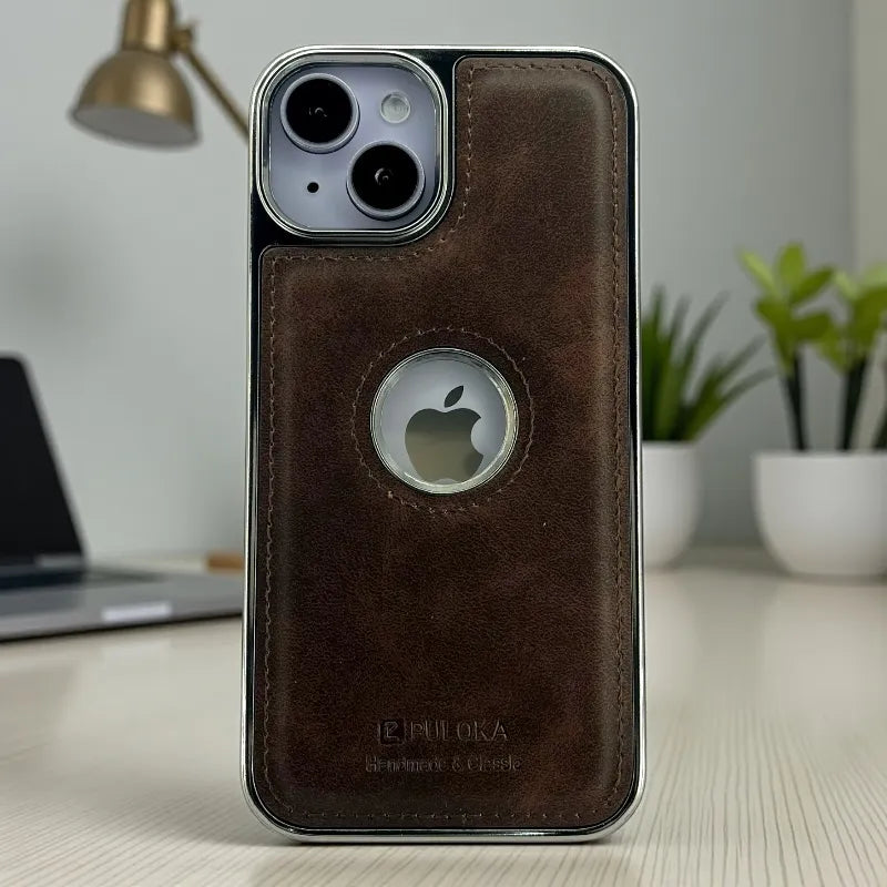 Brown Leather logo Cutout Case - iphone 13 cases