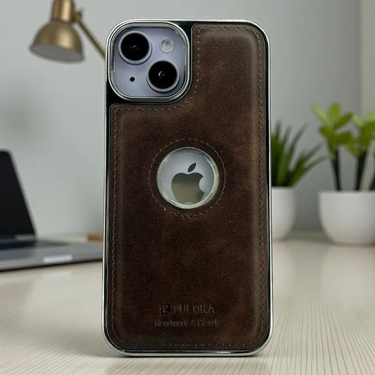 Brown Leather logo Cutout Case - iphone 14 cases
