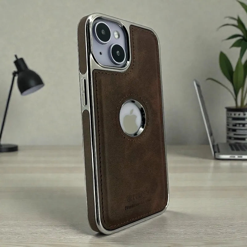 Brown Leather logo Cutout Case - iphone 13 cases