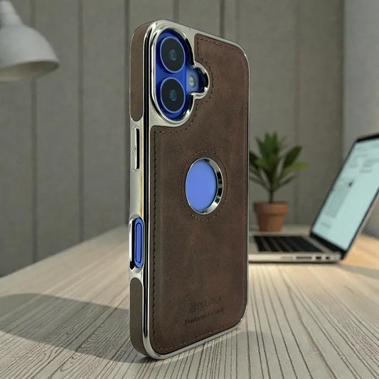 Brown Leather logo Cutout Case - iphone 16 cases