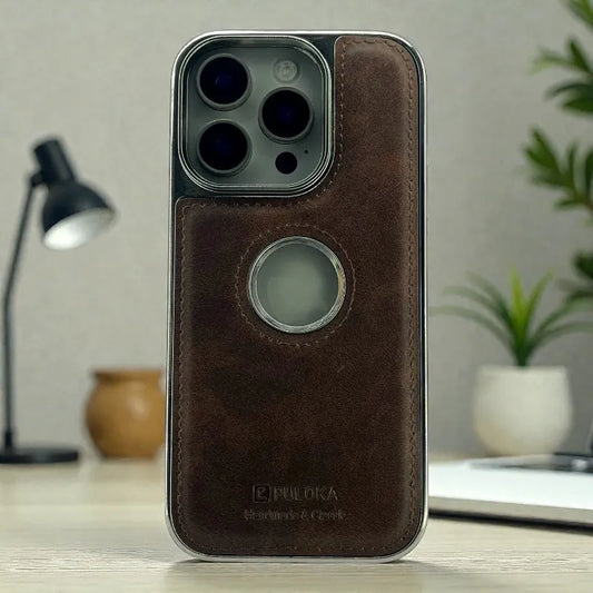 Brown Leather logo Cutout Case - iphone 15 pro max cases