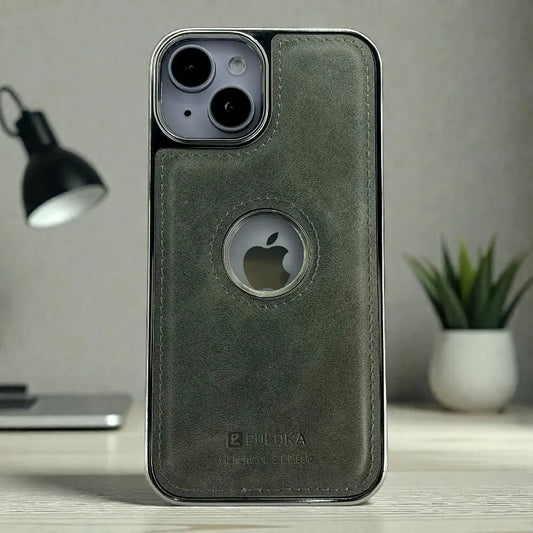 Grey Leather logo Cutout Case - iphone 15 cases