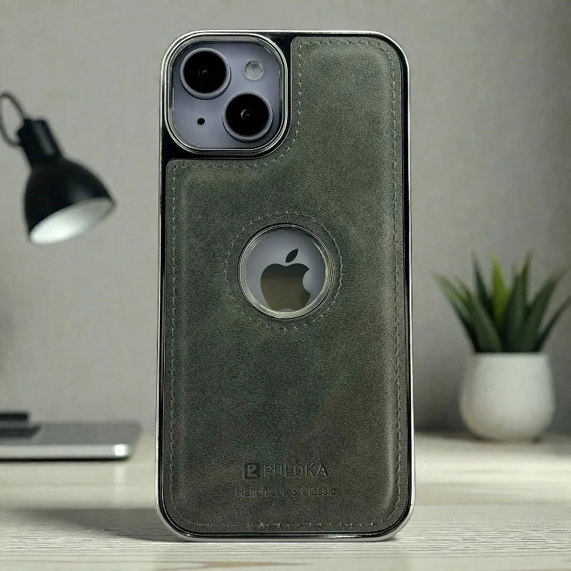 Grey Leather logo Cutout Case - iphone 14 cases