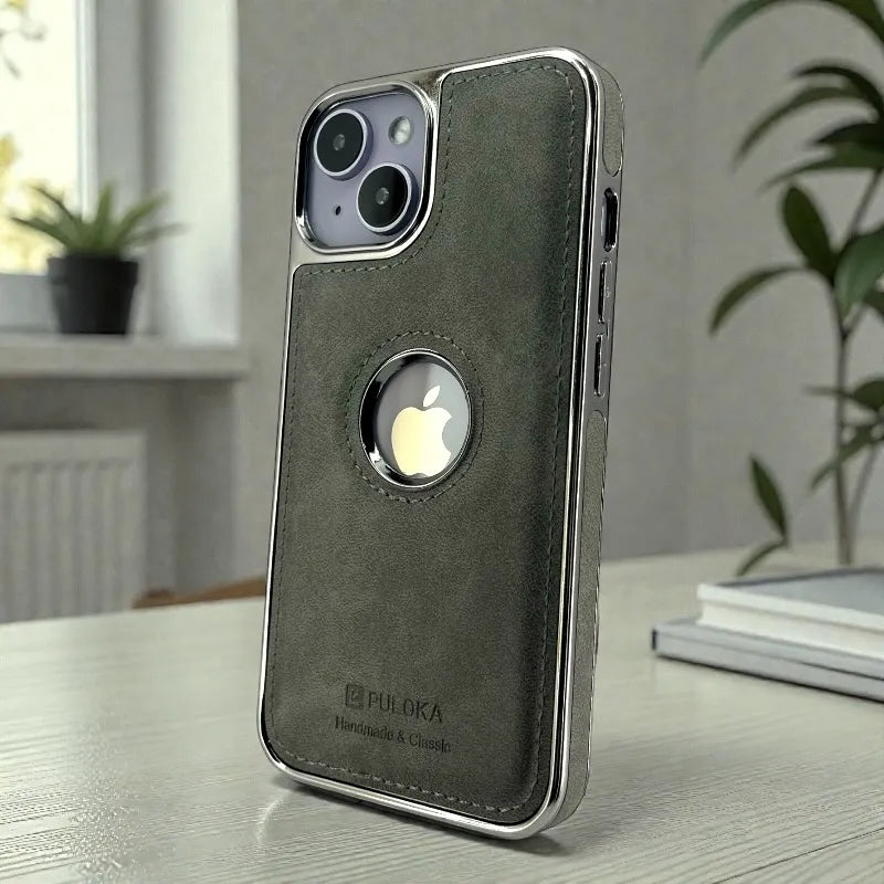 Grey Leather logo Cutout Case - iphone 15 cases