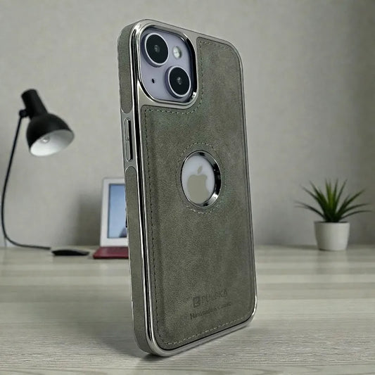 Grey Leather logo Cutout Case - iphone 14 cases