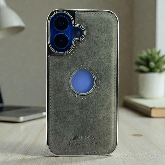 Grey Leather logo Cutout Case - iphone 16 cases