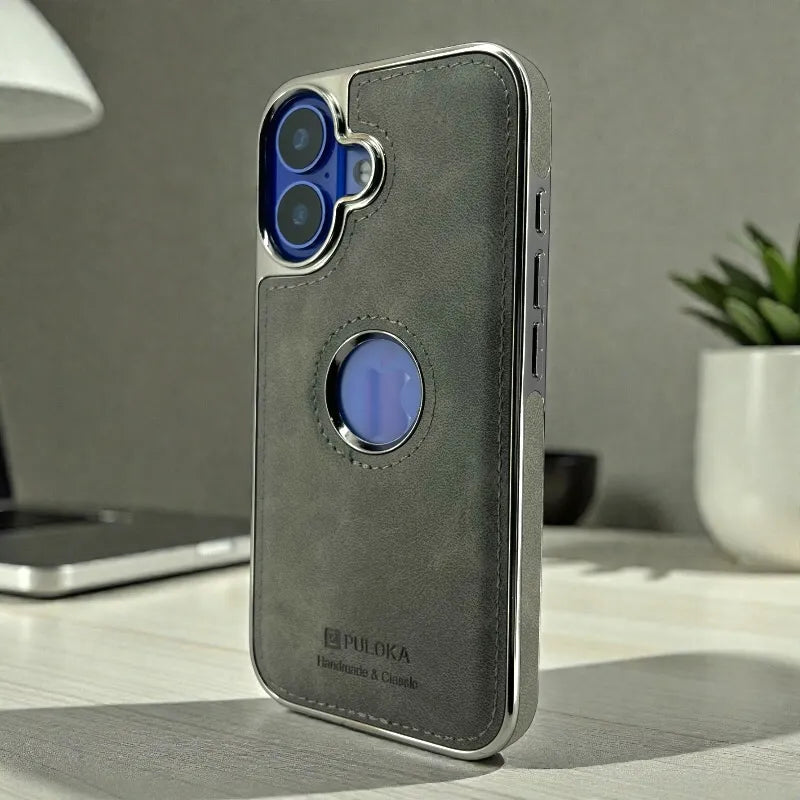 Grey Leather logo Cutout Case - iphone 16 cases
