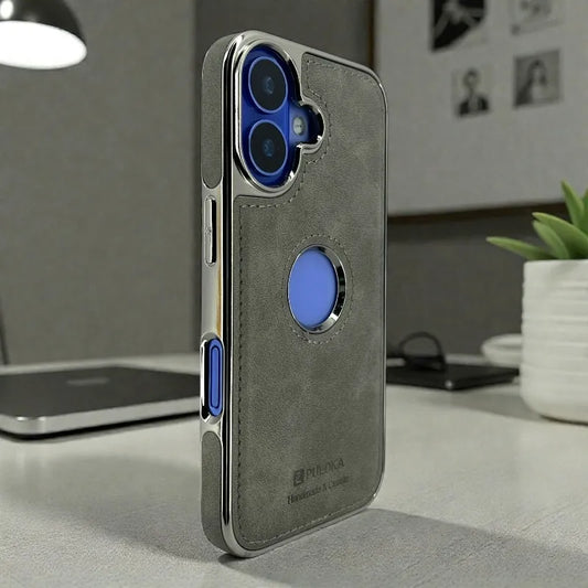 Grey Leather logo Cutout Case - iphone 16 cases