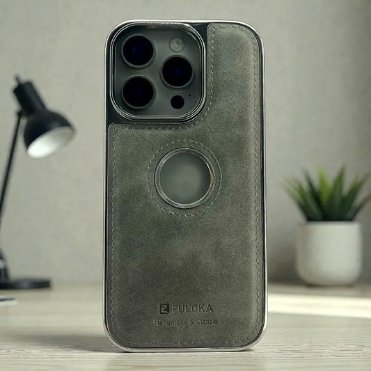 Grey Leather logo Cutout Case - iphone 16 pro max cases