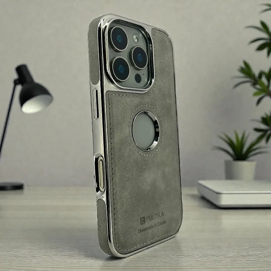 Grey Leather logo Cutout Case - iphone 15 pro max cases