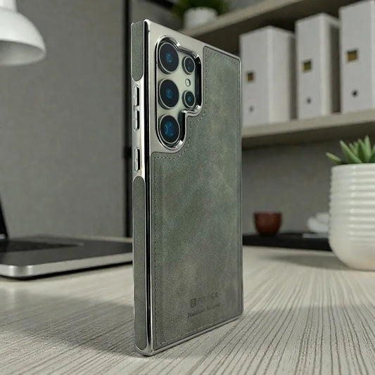 Grey Leather logo Cutout Case - samsung s25 ultra cases