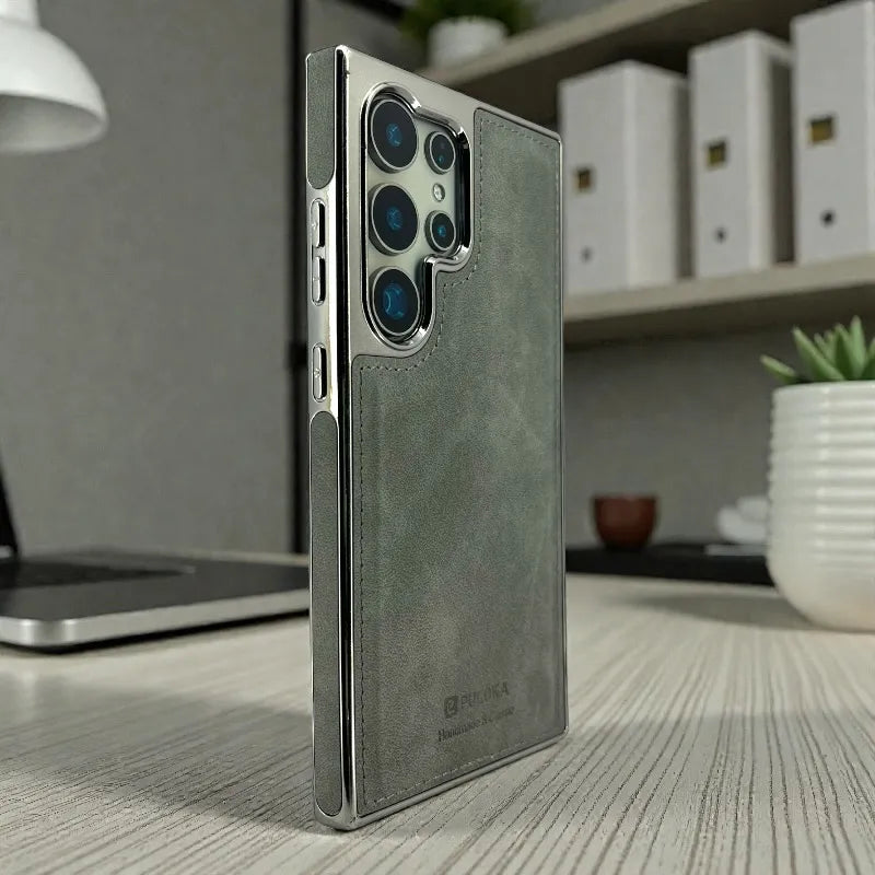 Grey Leather logo Cutout Case - samsung s24 ultra cases