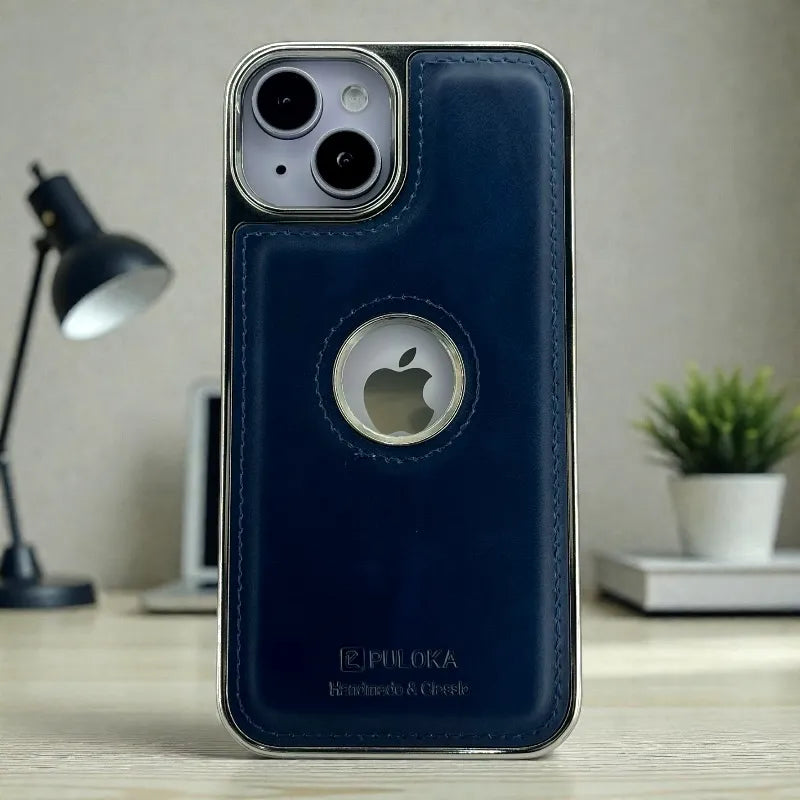 Dark Blue Leather logo Cutout Case - iphone 14 cases