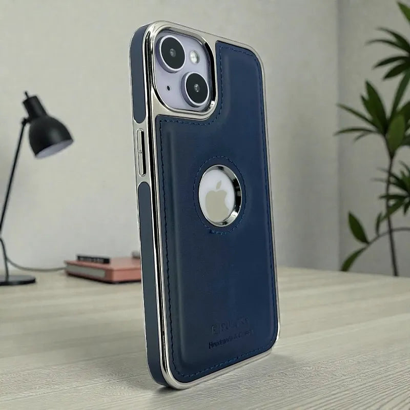 Dark Blue Leather logo Cutout Case - iphone 15 cases