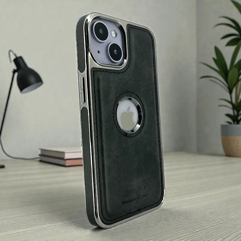 Black Leather logo Cutout Case - iphone 15 cases