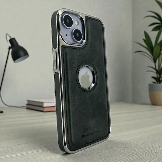 Black Leather logo Cutout Case - iphone 15 cases