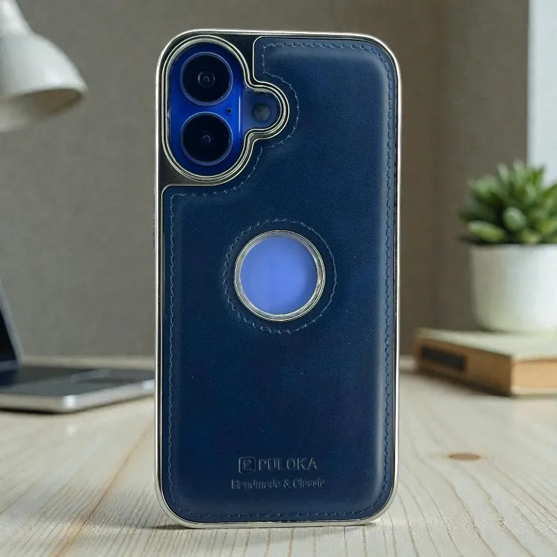 Dark Blue Leather logo Cutout Case - iphone 16 cases