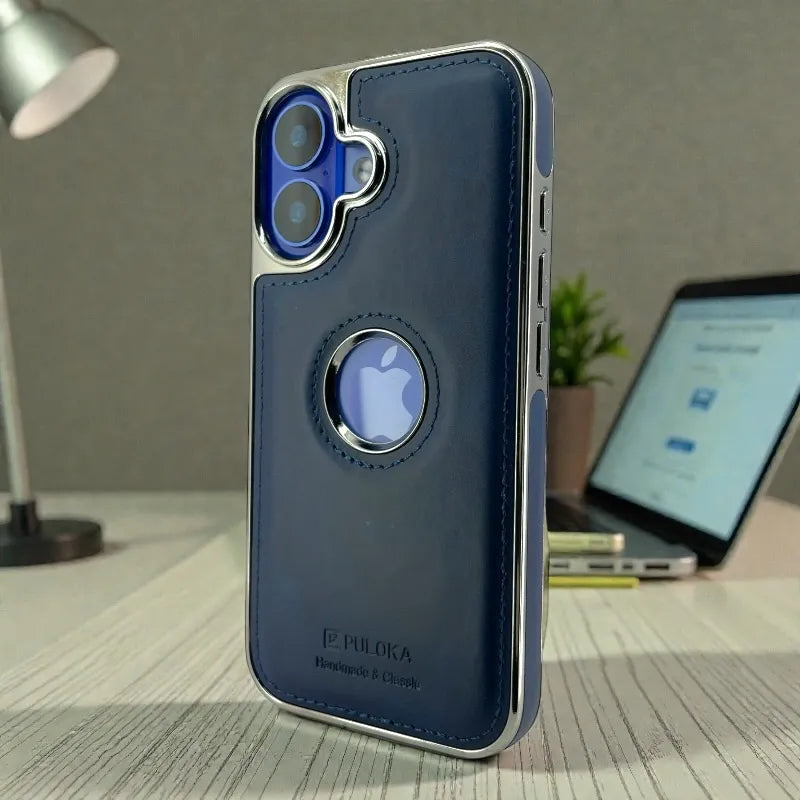 Dark Blue Leather logo Cutout Case - iphone 16 cases