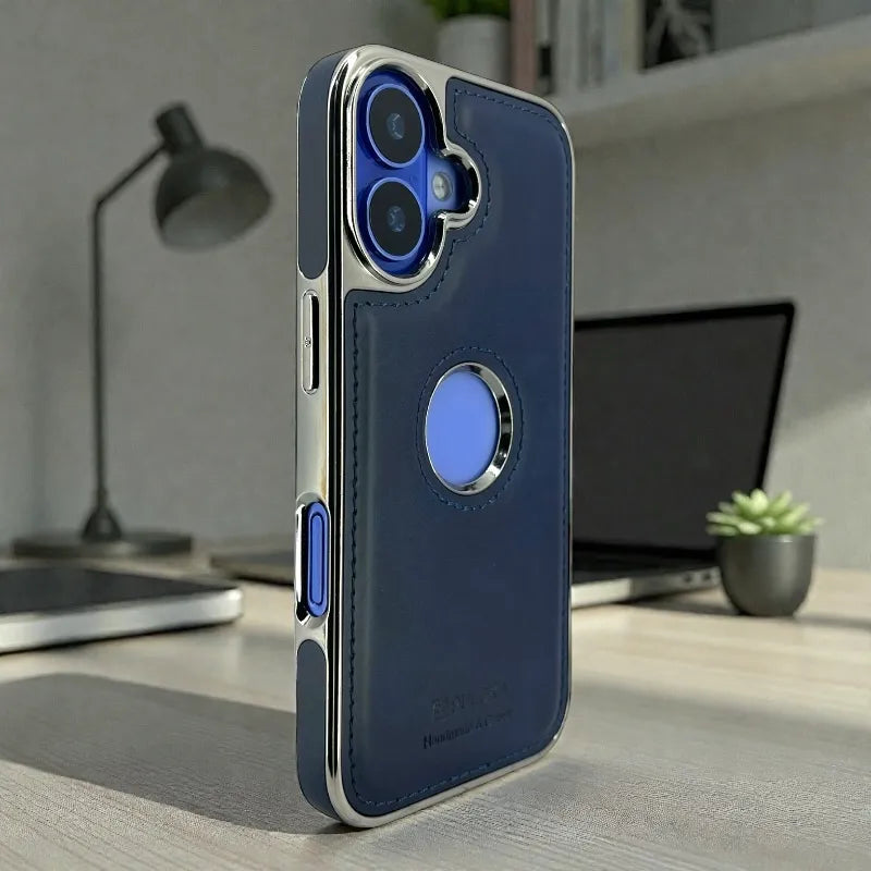 Dark Blue Leather logo Cutout Case - iphone 16 cases