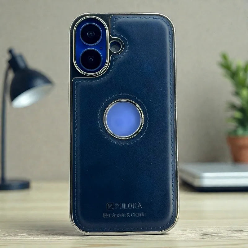 Dark Blue Leather logo Cutout Case - iphone 17 cases