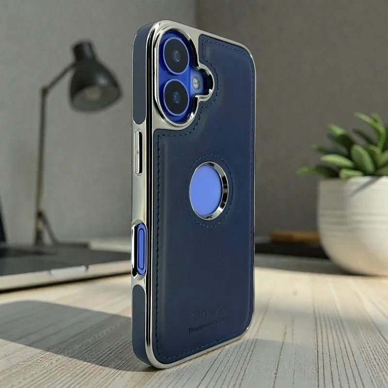 Dark Blue Leather logo Cutout Case - iphone 17 cases