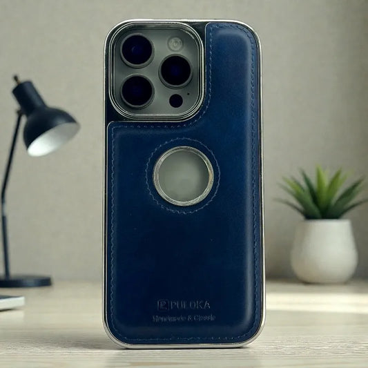 Dark Blue Leather logo Cutout Case - iphone 16 pro cases