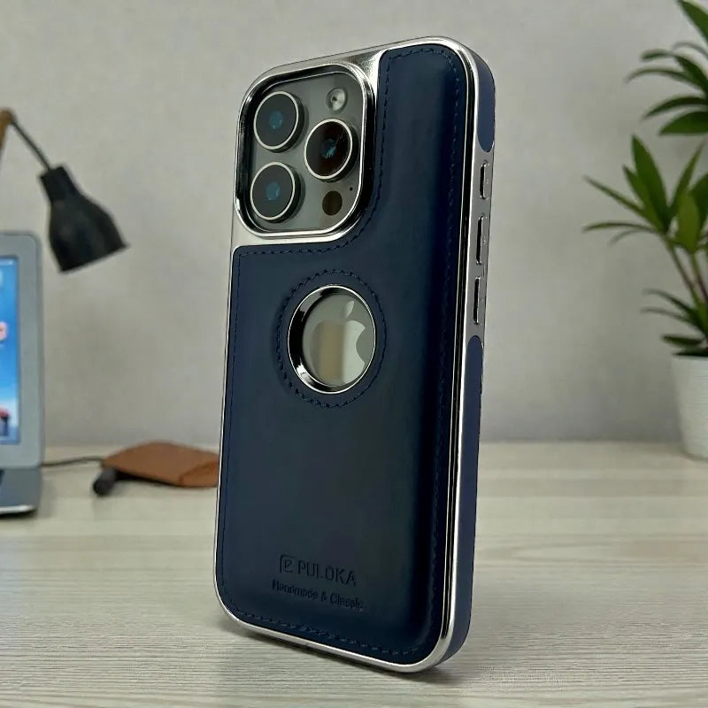 Dark Blue Leather logo Cutout Case - iphone 17 pro max cases