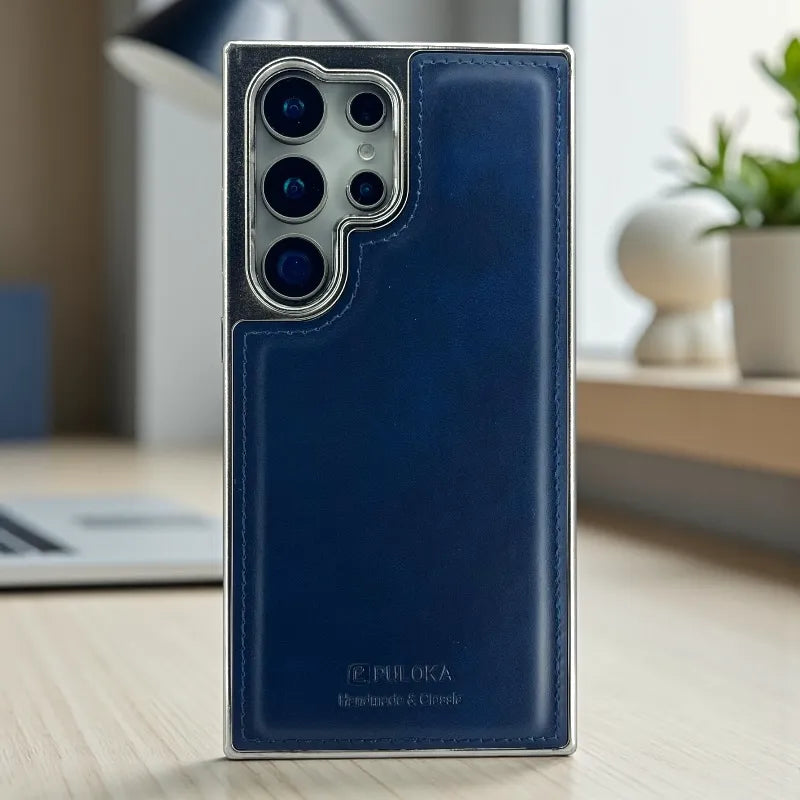 Dark Blue Leather logo Cutout Case - samsung s24 ultra cases