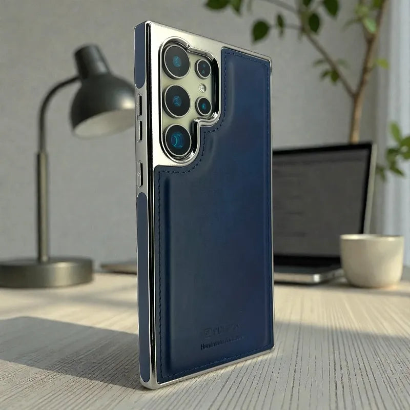 Dark Blue Leather logo Cutout Case - samsung s25 ultra cases