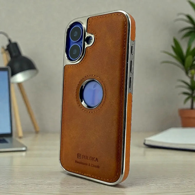 Tan Brown Leather logo Cutout Case - iphone 17 pro max cases