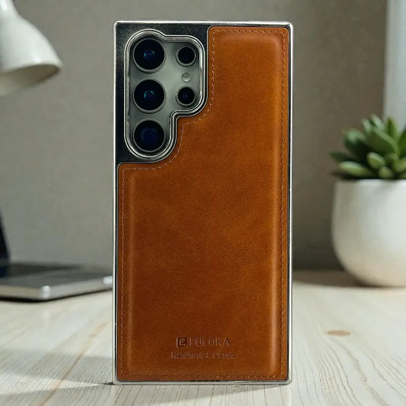 Tan Brown Leather logo Cutout Case - samsung s25 ultra cases