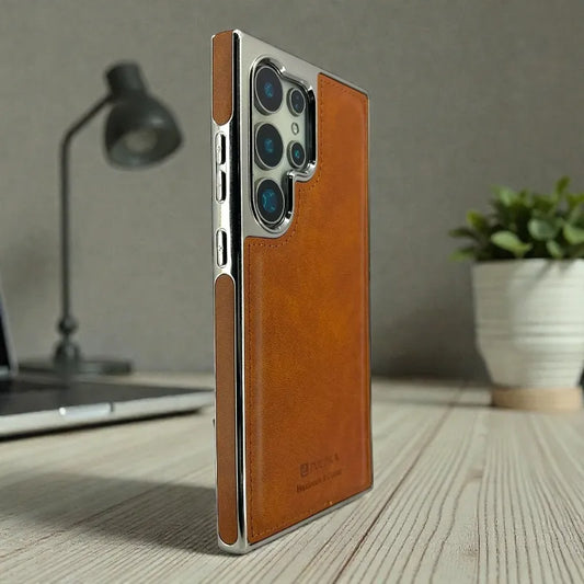 Tan Brown Leather logo Cutout Case - samsung s25 ultra cases