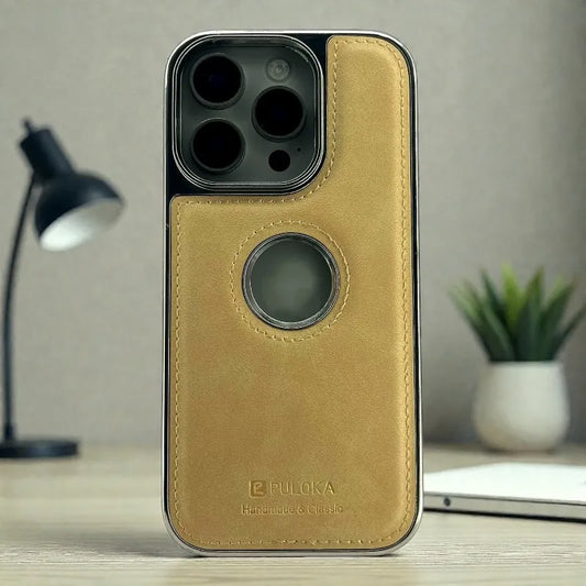 Desert Gold Leather logo Cutout Case - iphone 16 pro max cases