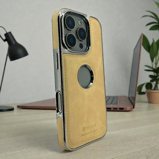 Desert Gold Leather logo Cutout Case - iphone 16 pro cases