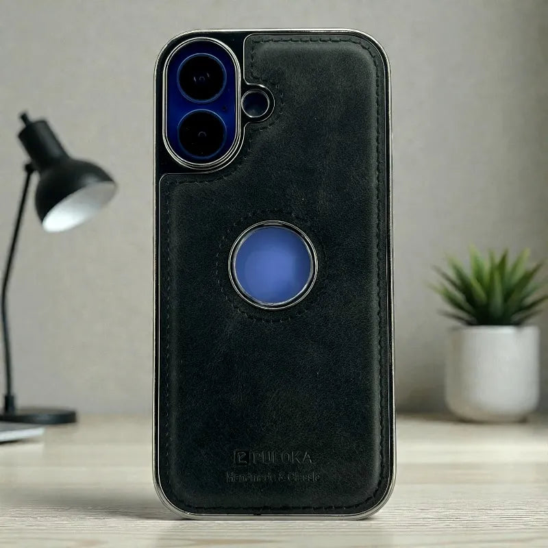 Black Leather logo Cutout Case - iphone 17 cases