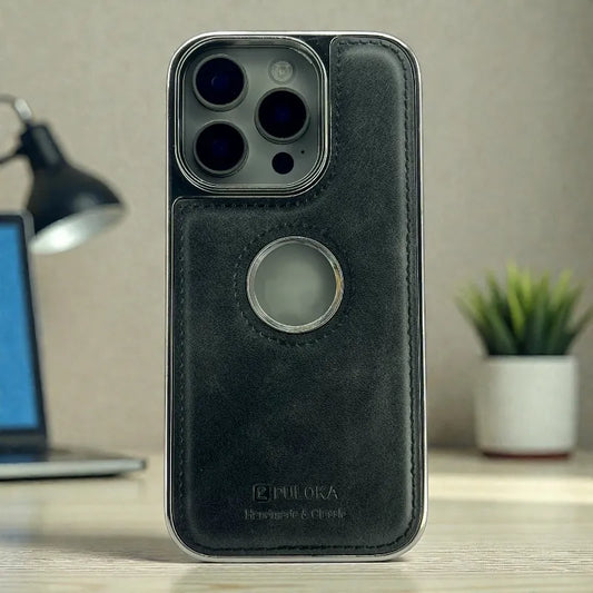 Black Leather logo Cutout Case - iphone 15 pro max cases