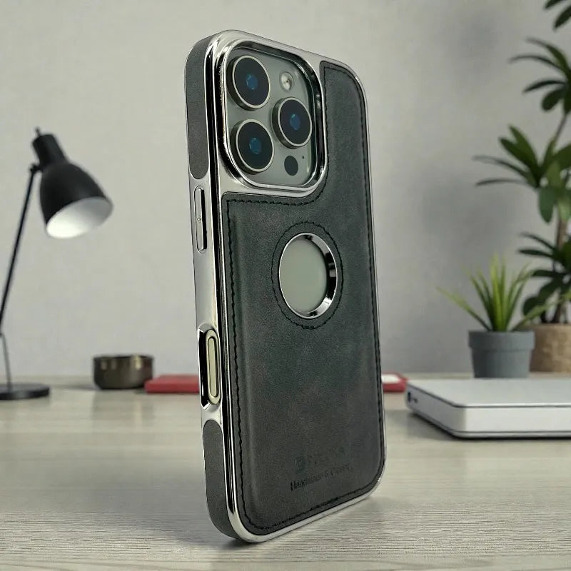 Black Leather logo Cutout Case - iphone 17 pro max cases