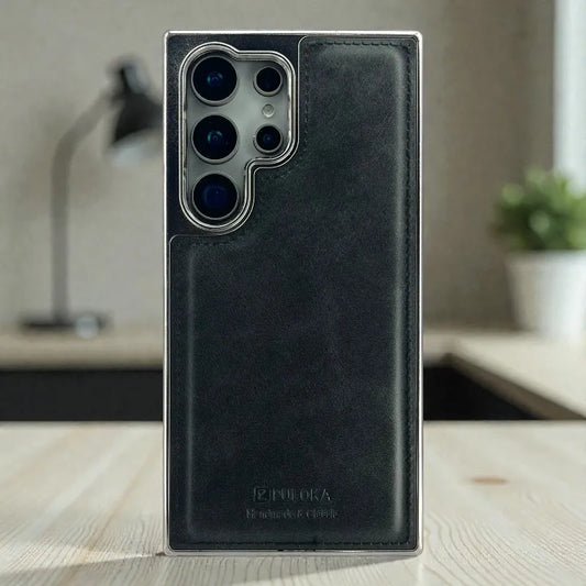 Black Leather logo Cutout Case - samsung s24 ultra cases