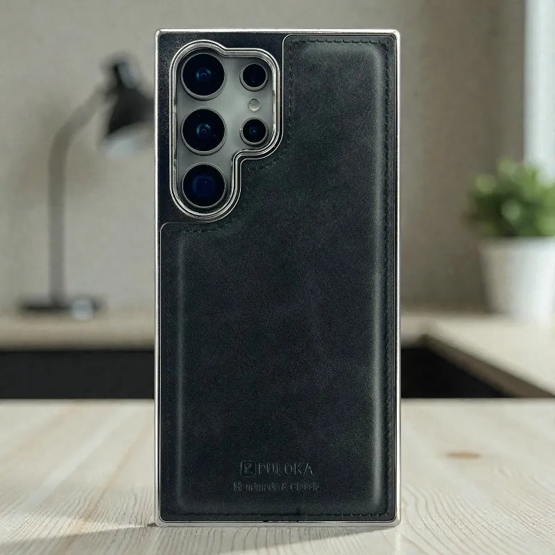 Black Leather logo Cutout Case - samsung s23 ultra cases