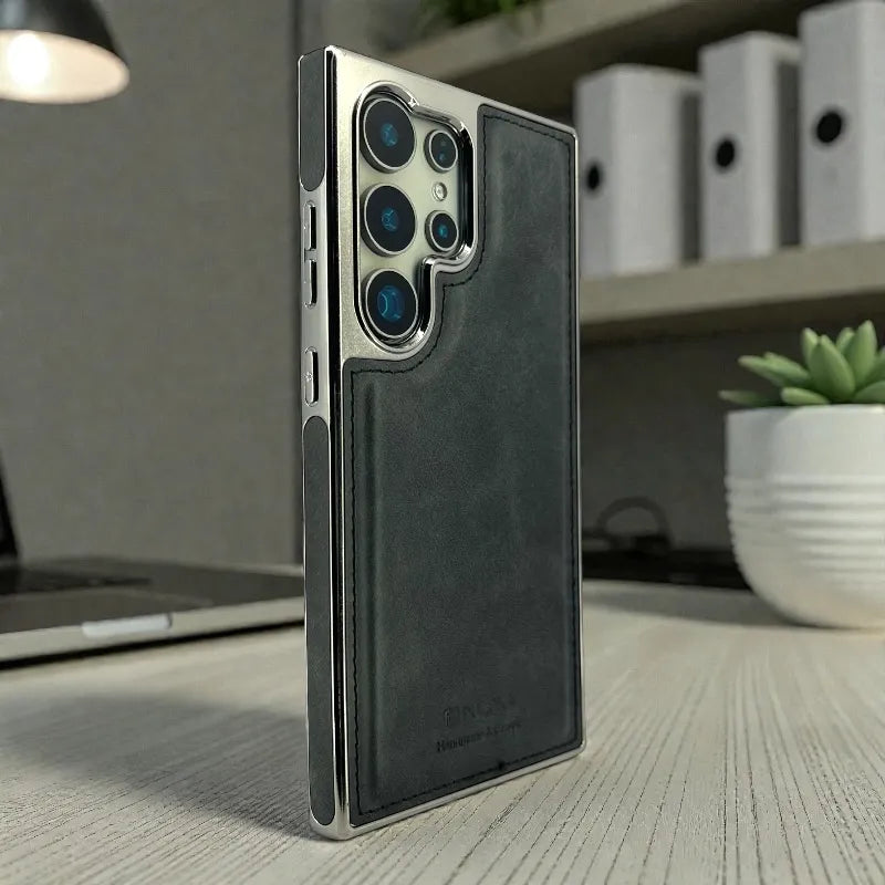 Black Leather logo Cutout Case - samsung s25 ultra cases