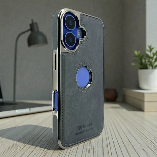 Blue Leather logo Cutout Case - iphone 16 cases