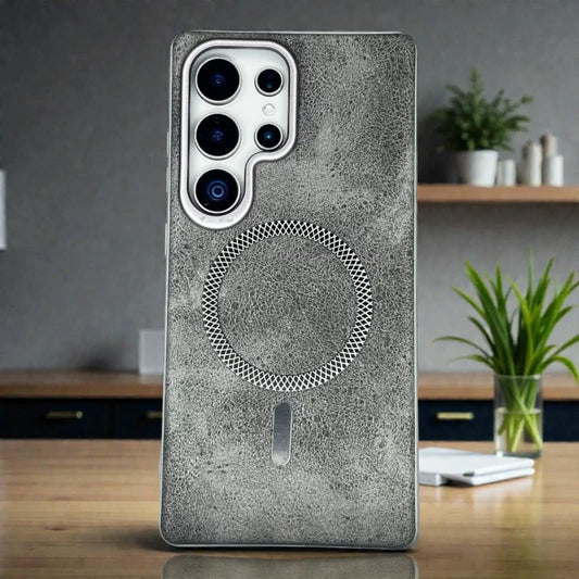 Grey Textured Magnetic Ring Leather Case