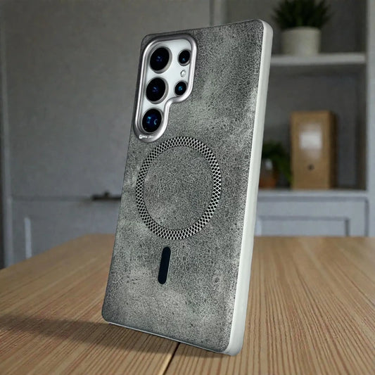 Grey Textured Magnetic Ring Leather Case