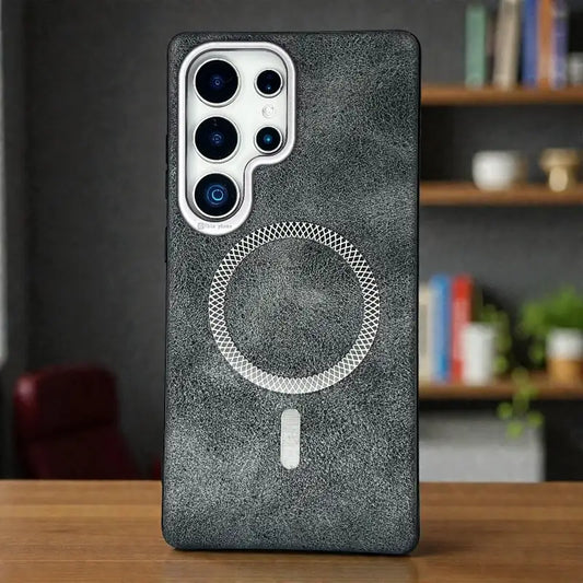 Black Textured Magnetic Ring Leather Case