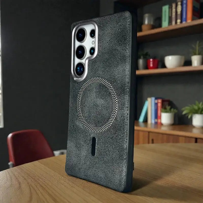 Black Textured Magnetic Ring Leather Case
