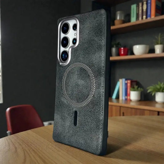 Black Textured Magnetic Ring Leather Case